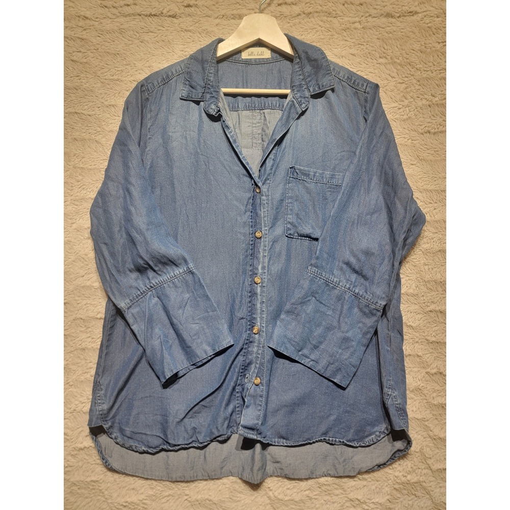 Bella Dahl Women Blue Tencel Denim Button Down Shirt High Low Hem Large